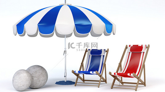 蓝色休息背景图片_白色和蓝色躺椅伞救生圈和沙滩球在白色背景上以 3D 渲染
