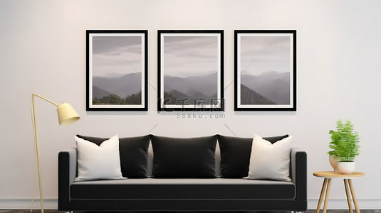 多个相框背景图片_客厅模型多个相框和黑色沙发的 3D 渲染