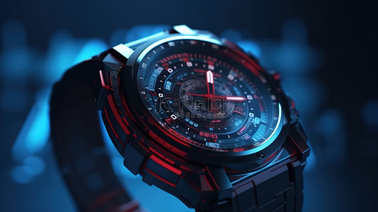 技术概念充满活力的蓝色场景与 3D 渲染中的红色手表