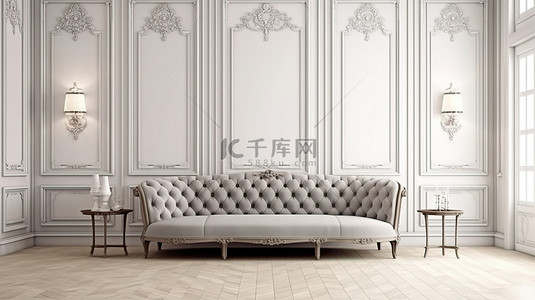 白色真皮背景图片_传统环境中优雅的簇绒沙发，可容纳文字白色墙板人字形镶木地板 3D 渲染