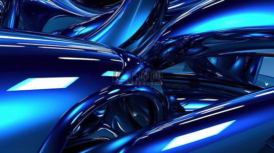 蓝色科技几何抽象背景图片_具有光泽反射的蓝色金属 3D 渲染抽象杰作