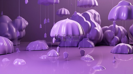 卡通风格 3D 渲染的紫色背景上的雨云描绘雨季