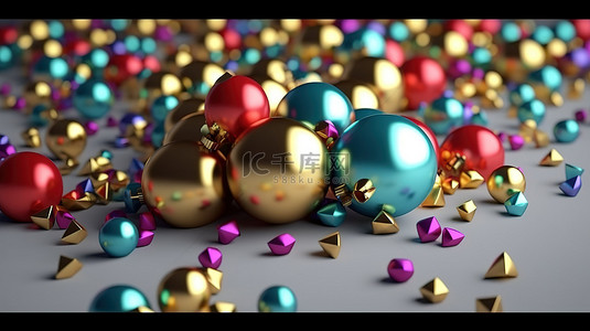 快乐的 3D 渲染新年贺卡，配有金色圣诞球和彩色五彩纸屑