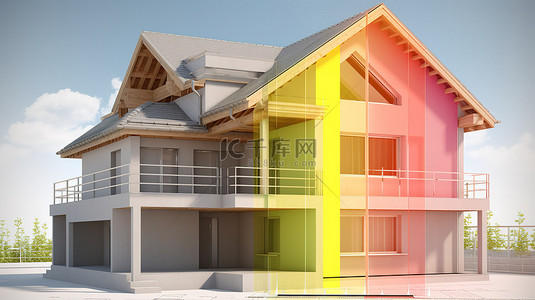 节能住宅建筑 3D 渲染展示蓝图和评级图表
