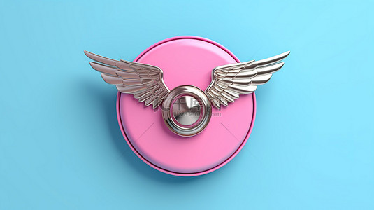 蓝色背景，带有 3D 渲染的粉色徽章，带有翅膀和空白空间，适合您的设计