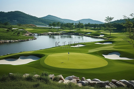 高尔夫广告背景图片_以草和水为背景的高尔夫球场