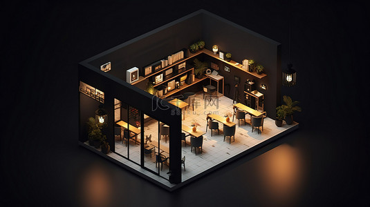 最小的咖啡馆商店，具有 3D 数字艺术中黑色建筑的开放式内部等距视图