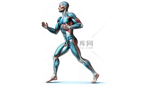 男人跑步背景图片_用剪切路径隔离的跑步者解剖结构的 3D 插图