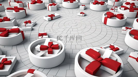 通过 3D 渲染创建的动态背景，装饰着红丝带的白色礼品盒排列的俯视图