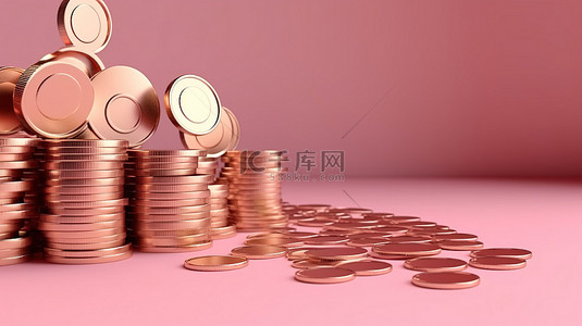 粉红色背景的 3D 渲染，带有硬币和向上增长箭头，表示有利可图的投资