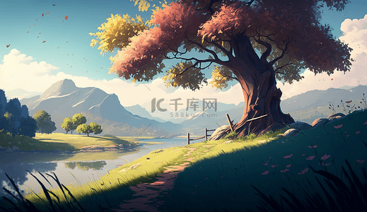中国风水墨山背景图片_山水大树草地自然背景插图海报