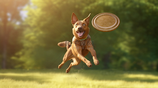 飞盘和运动中的棕色狗的 3D 渲染