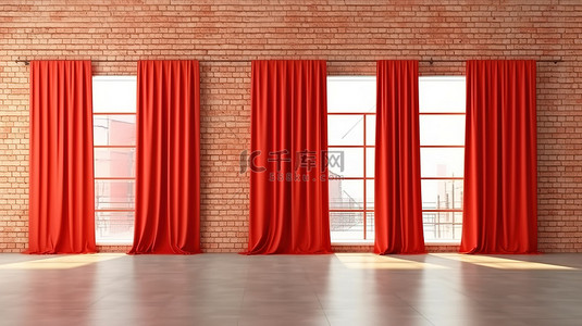 红幕布背景图片_乡村魅力错综复杂的金色框架装饰红窗帘画廊展览室内 3D 渲染中的砖墙