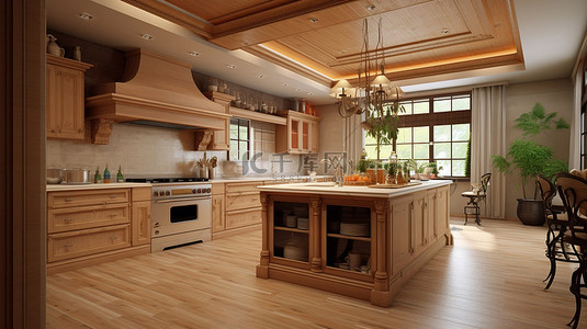 传统烹饪空间室内设计灵感与丰富的橡木纹理和 3D 渲染
