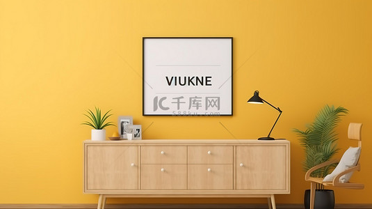 黄色文化墙背景图片_3D 渲染的室内海报模型，客厅内的橱柜靠着黄墙