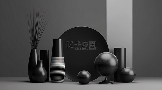 黑色和灰色背景图片_黑色和灰色的平衡抽象形状和花瓶组合的 3D 渲染