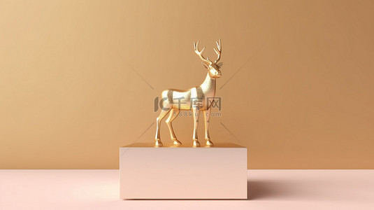 奶油色背景 3D 渲染装饰物，配有金色金属鹿和讲台配件