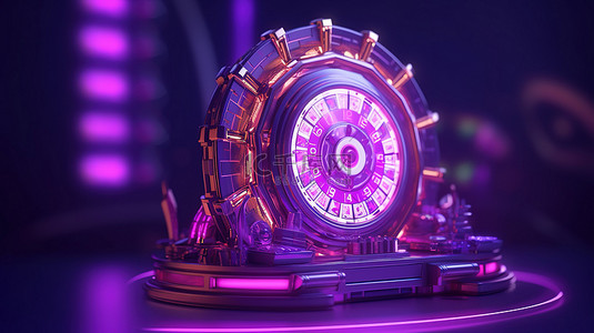 命运背景图片_在线赌场紫色背景上带有霓虹灯的未来轮盘赌轮和老虎机的 3D 渲染