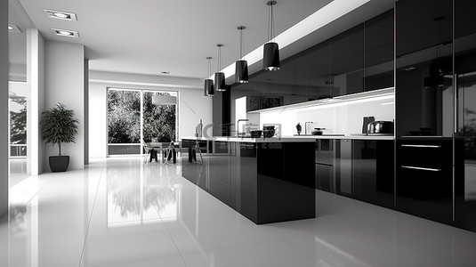 现代厨房的 3D 渲染，具有光滑的正面和黑白混凝土地板