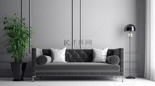 枕头样机背景图片_现代客厅配有时尚的灰色沙发和 3D 渲染的配套枕头