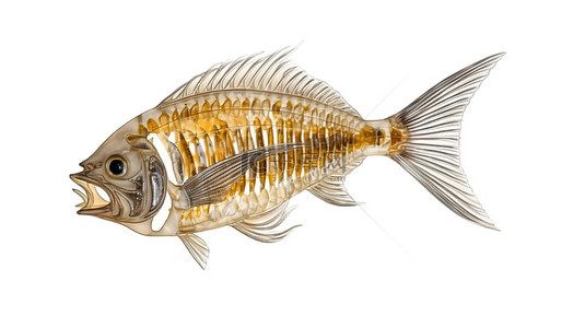 鱼骨剪影背景图片_白色背景下显示的骨架风格鱼骨的 3D 插图