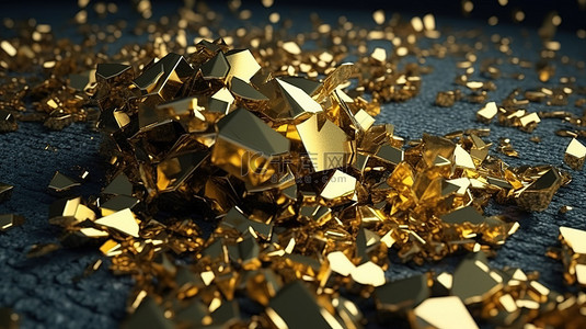 金属碎片背景图片_3d 渲染代表财富的金色金属碎片