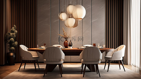 豪华餐厅的 3D 渲染，配有豪华餐桌套装和吊灯