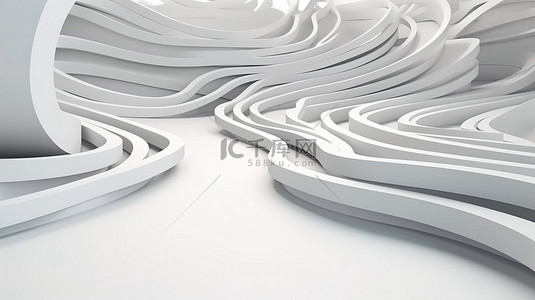 弯曲的白色几何形状作为 3D 渲染中抽象灰色道路的背景
