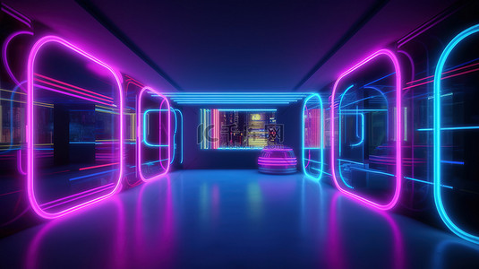 时代背景图片_霓虹灯点亮的抽象房间内部设计项目的太空时代背景