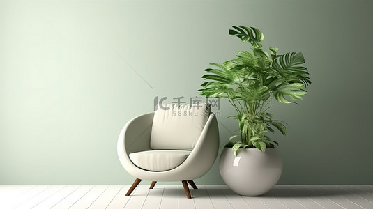 房间里椅子上的花瓶里的绿色植物 3D 插图
