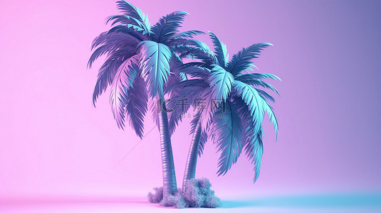 粉红色背景与双色调蓝色棕榈树 3D 渲染热带场景
