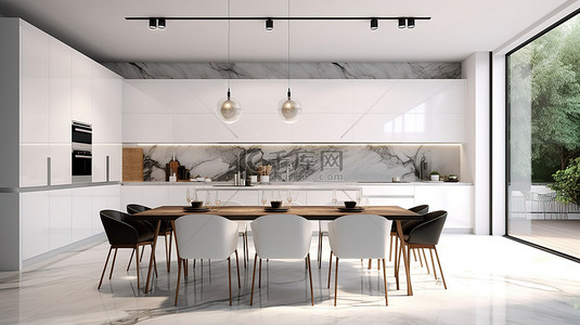 桌台面背景图片_时尚现代的厨房设计，配有白色大理石台面和 3D 橱柜