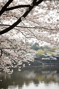 一群樱花树和一个湖正在盛开