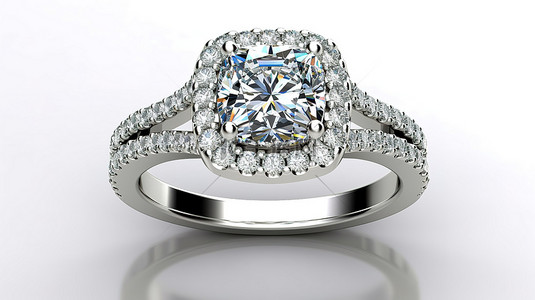 主角光环背景图片_订婚戒指的 3D 渲染，带有垫形切割中心钻石光环镶嵌和戒圈上的三线宝石