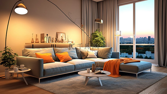 带沙发的现代休息室 3D 渲染