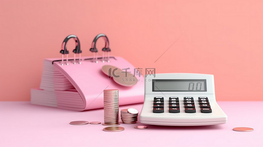 粉色背景 3D 渲染剪贴板，带有硬币和计算器，象征税收和财务规划