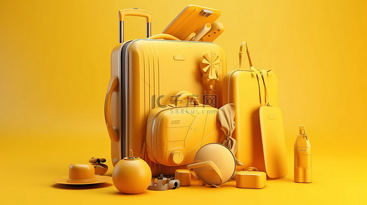 3d 渲染的手提箱中的旅行者必需品充满活力的黄色背景非常适合旅行概念设计
