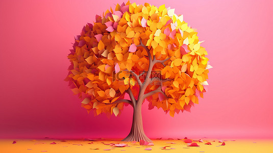 粉红色和黄色 3d 渲染背景中的橙叶树
