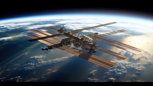 国际空间站 ISS 绕地球大气层运行的 3D 渲染