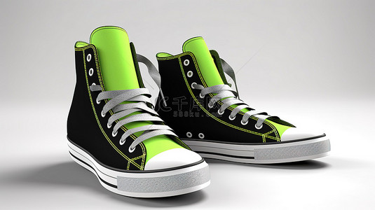 球鞋背景图片_绿色和黑色帆布运动男女通用运动鞋的 3D 插图，高白色鞋底散发亮度