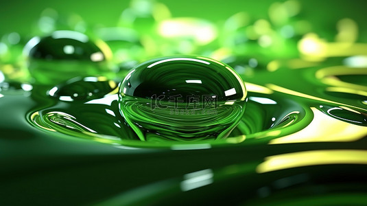 充满活力的绿色液体背景上闪闪发光的金属反射令人惊叹的 3D 渲染
