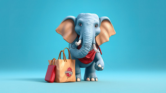 异想天开的 3D 大象微笑着提着购物袋