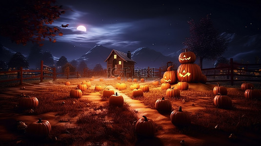 恐怖鬼屋背景图片_月光 3D 渲染照亮的幽灵般的夜晚发光万圣节南瓜