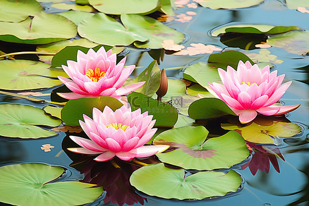 池塘花背景图片_一个池塘，里面有 3 朵粉红色的莲花和叶子