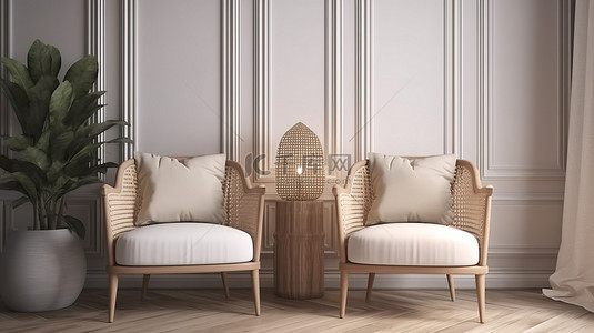 室内场景 3D 渲染两张浅棕色织物和白色手工编织的扶手椅