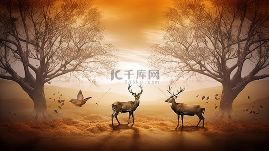 浅色背景 3D 现代风景壁画壁纸中的金鹿和太阳