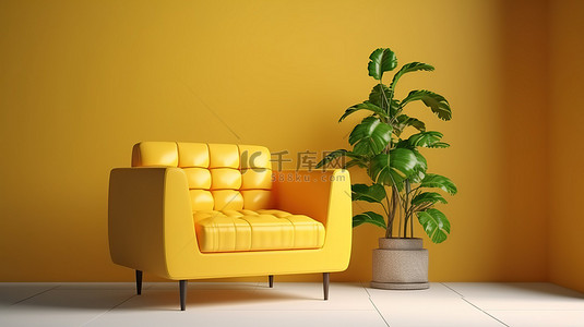 客厅的 3D 渲染，配有充满活力的黄色扶手椅