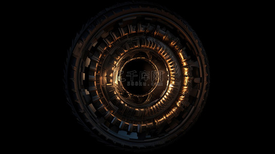 黑色孤立背景与 3d 渲染抽象暗分形门户和螺旋