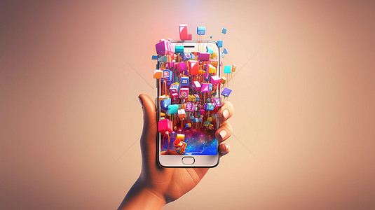 社交媒体概念持有智能手机与媒体营销的 3D 插图