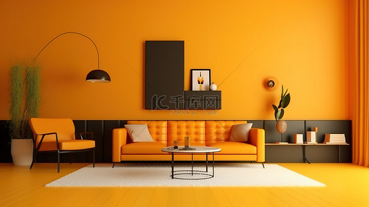 具有单色橙色和黄色室内设计和家具的房间的 3D 渲染